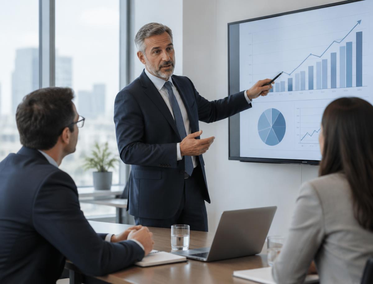 Consultor da G Live apresentando a evolução de indicadores financeiros
